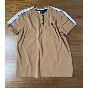 NWT Fried Denim Mens XL Henley Shirt Tan Brown White Stripe‎ Stretch Comfort S/S